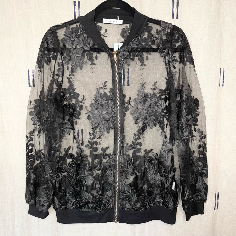 NWT - DRESSFO Black Sheer Floral Print Bomber Jacket Size M